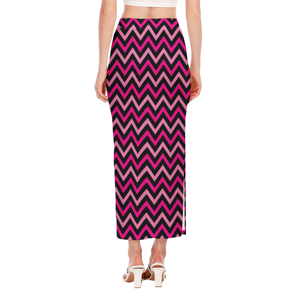 Hot Pink And Black Chevron Pattern Print Side Slit Maxi Skirt