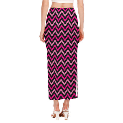 Hot Pink And Black Chevron Pattern Print Side Slit Maxi Skirt