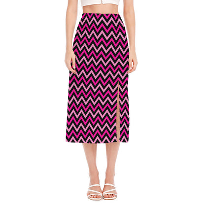 Hot Pink And Black Chevron Pattern Print Side Slit Midi Skirt
