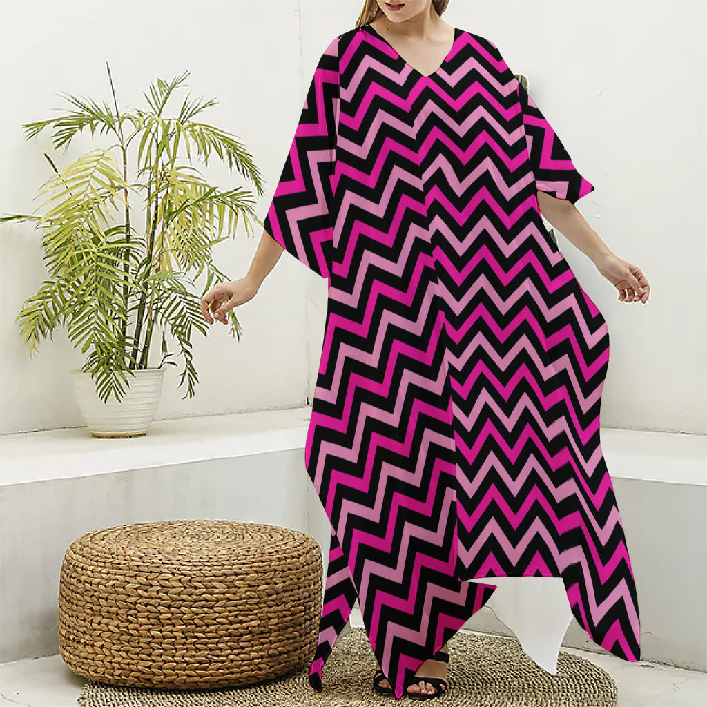 Hot Pink And Black Chevron Pattern Print Silk V-Neck Kaftan Dress