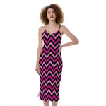 Hot Pink And Black Chevron Pattern Print Slim Fit Midi Cami Dress