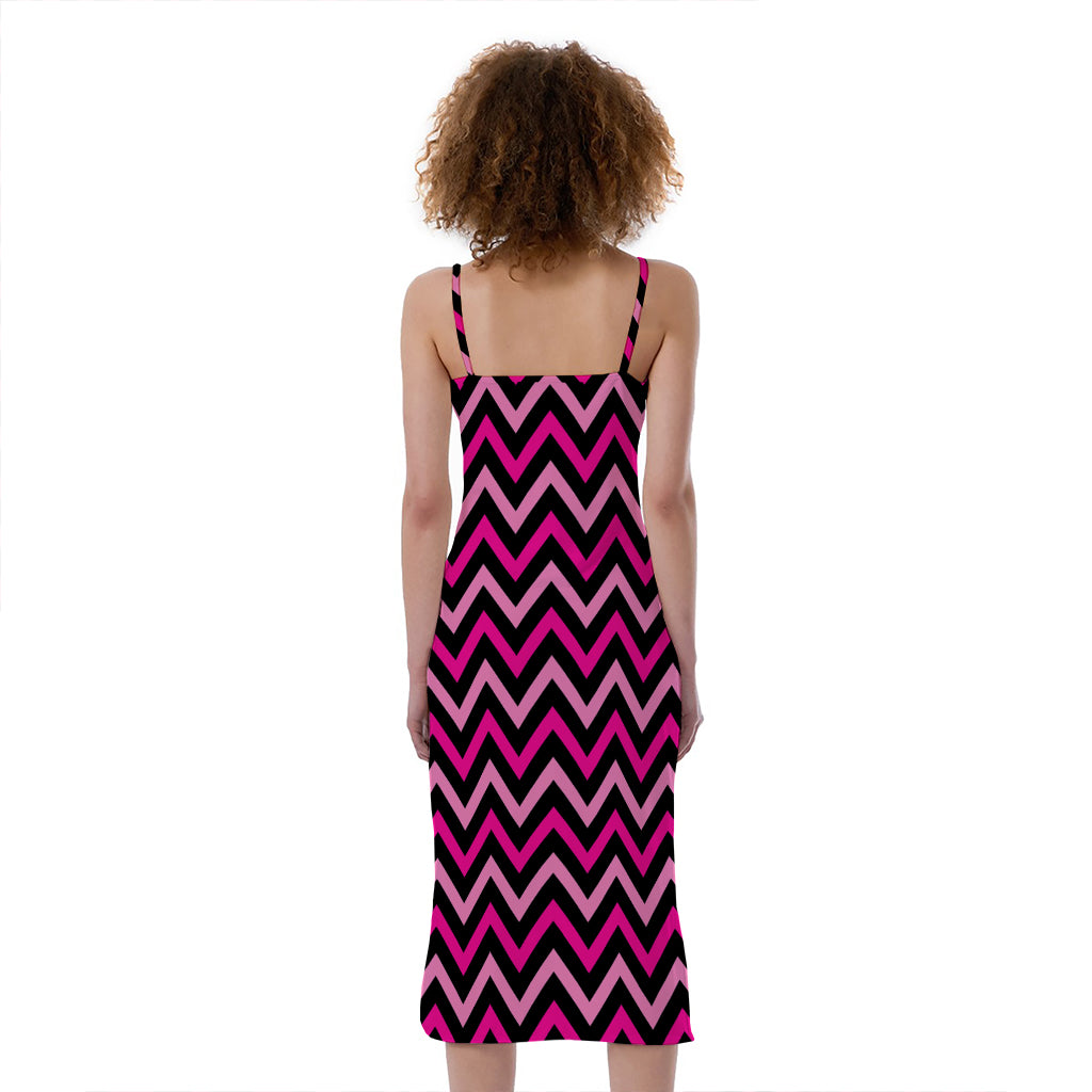 Hot Pink And Black Chevron Pattern Print Slim Fit Midi Cami Dress