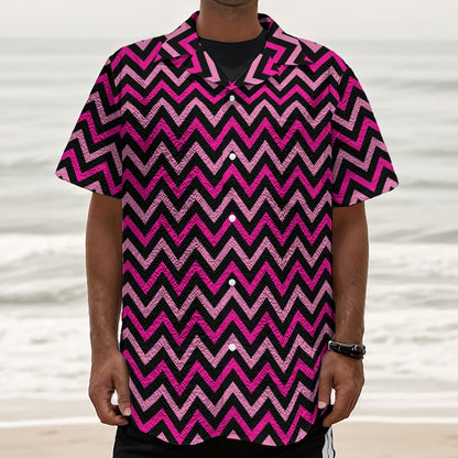 Hot Pink And Black Chevron Pattern Print Textured Short Sleeve Shirt