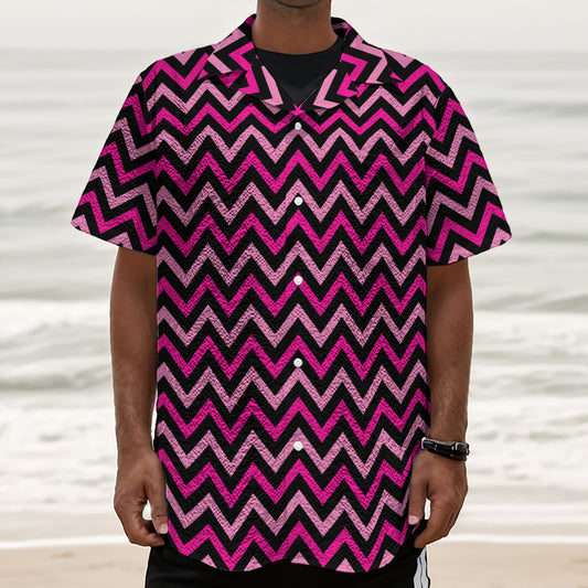 Hot Pink And Black Chevron Pattern Print Textured Short Sleeve Shirt