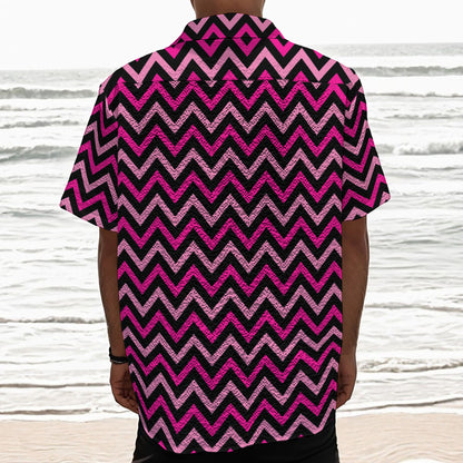Hot Pink And Black Chevron Pattern Print Textured Short Sleeve Shirt