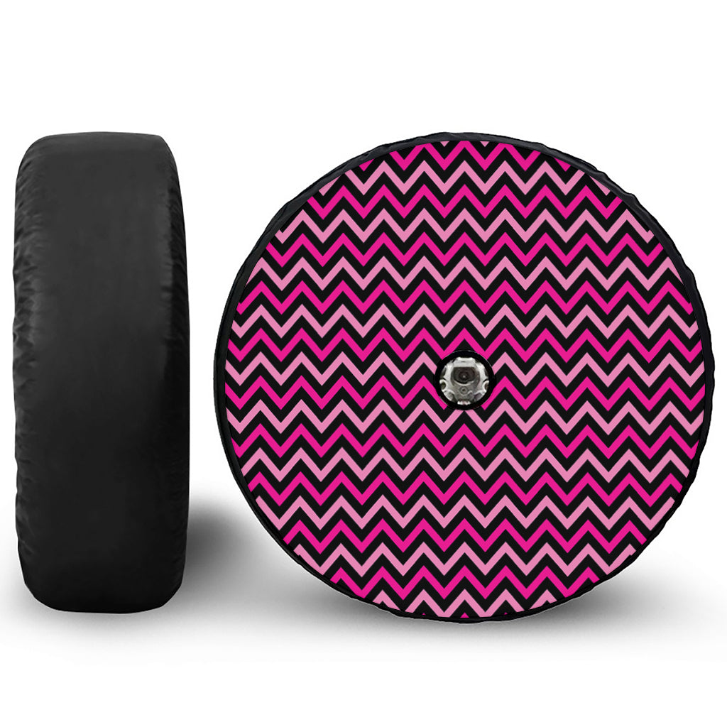 Hot Pink And Black Chevron Pattern Print Tire Cover With Camera Hole