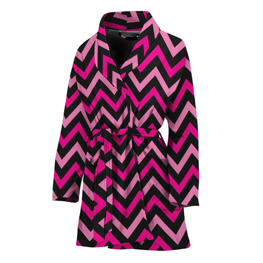 Hot Pink And Black Chevron Pattern Print Women's Bathrobe