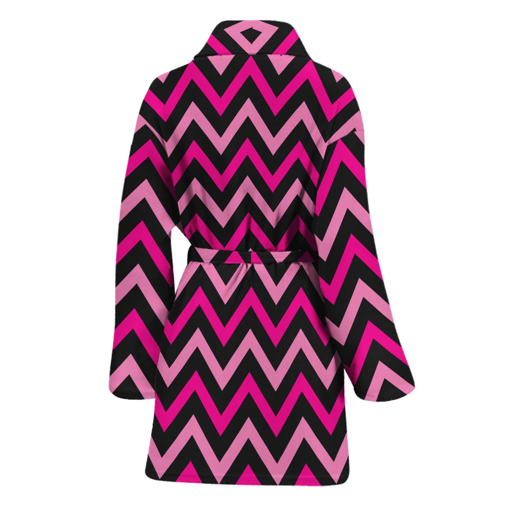 Hot Pink And Black Chevron Pattern Print Women's Bathrobe