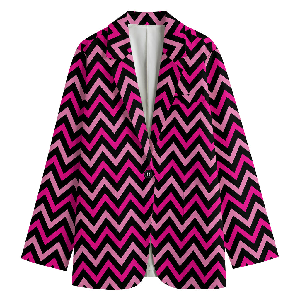 Hot Pink And Black Chevron Pattern Print Women's Cotton Blazer