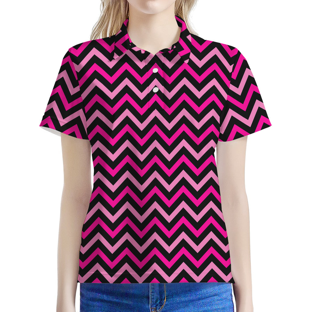 Hot Pink And Black Chevron Pattern Print Women's Polo Shirt
