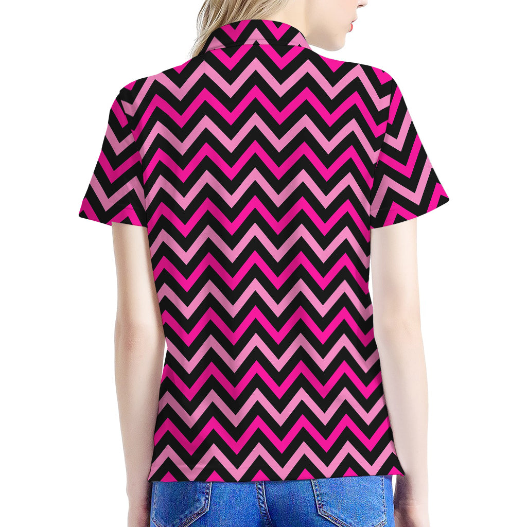 Hot Pink And Black Chevron Pattern Print Women's Polo Shirt
