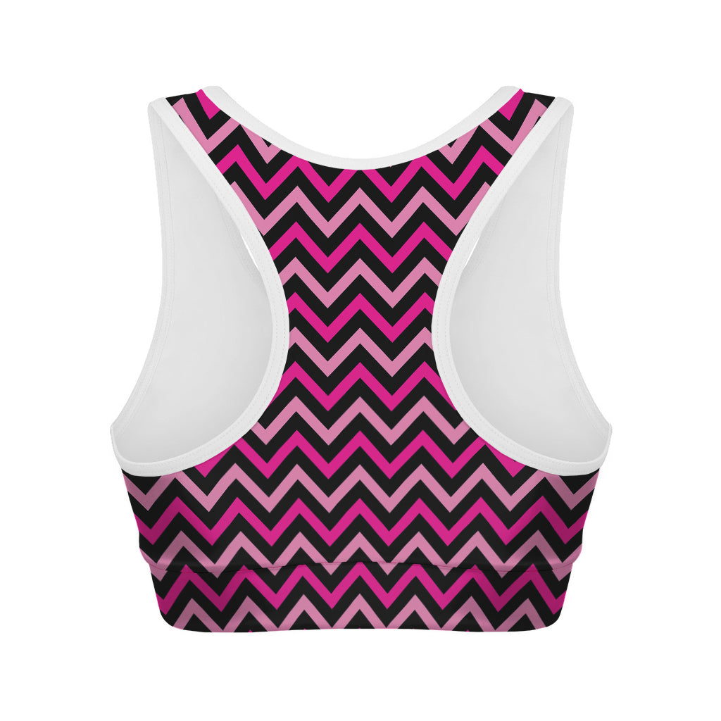 Hot Pink And Black Chevron Pattern Print Women's Sports Bra