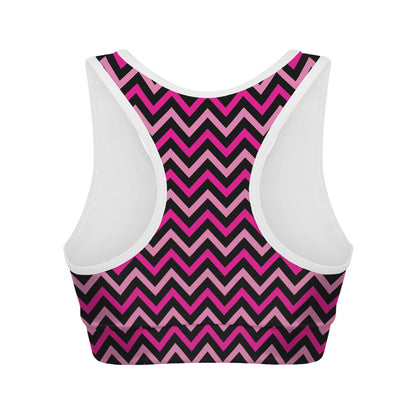 Hot Pink And Black Chevron Pattern Print Women's Sports Bra