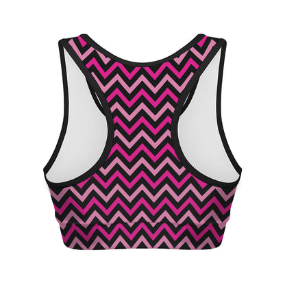 Hot Pink And Black Chevron Pattern Print Women's Sports Bra