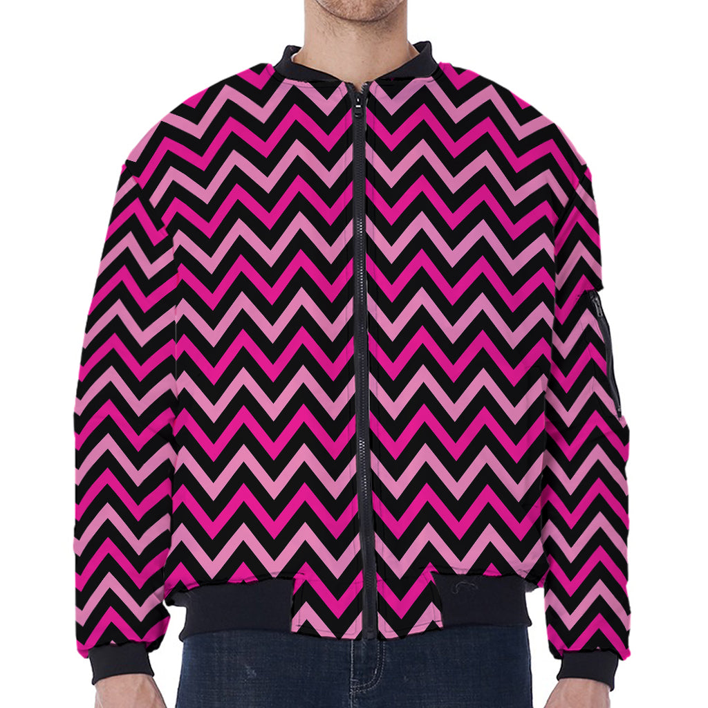 Hot Pink And Black Chevron Pattern Print Zip Sleeve Bomber Jacket