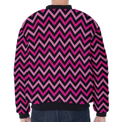 Hot Pink And Black Chevron Pattern Print Zip Sleeve Bomber Jacket