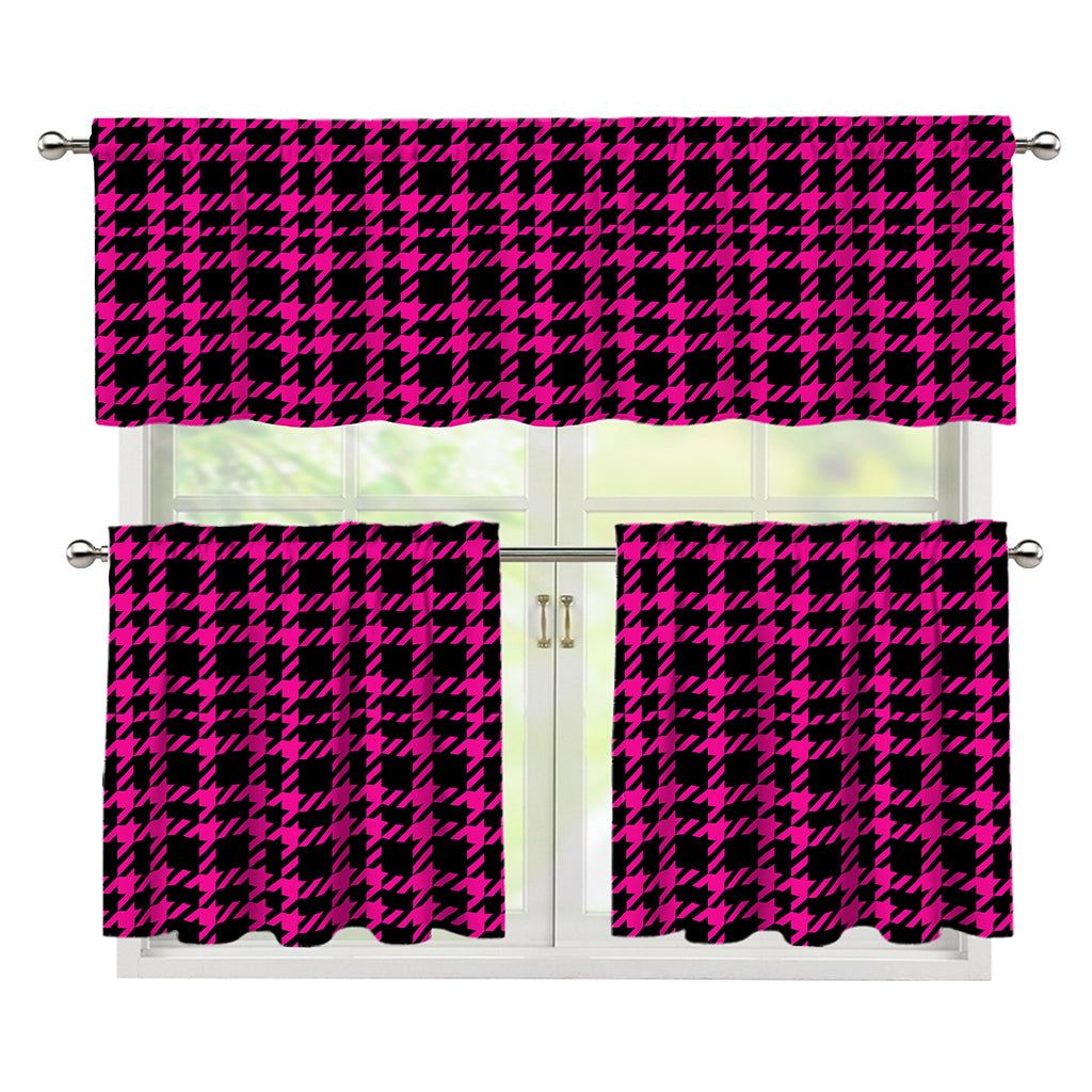 Hot Pink And Black Houndstooth Print 3 Piece Kitchen Curtains