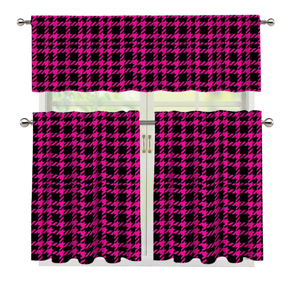 Hot Pink And Black Houndstooth Print 3 Piece Kitchen Curtains
