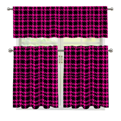 Hot Pink And Black Houndstooth Print 3 Piece Kitchen Curtains