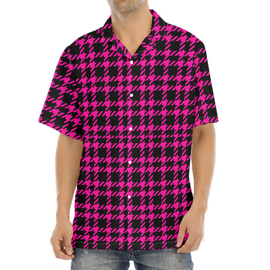 Hot Pink And Black Houndstooth Print Aloha Shirt