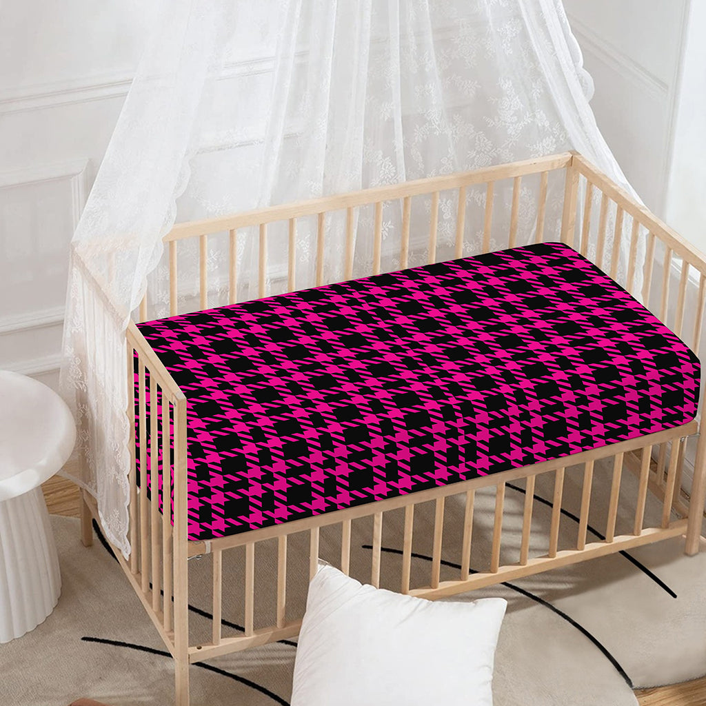 Hot Pink And Black Houndstooth Print Baby Crib Sheet