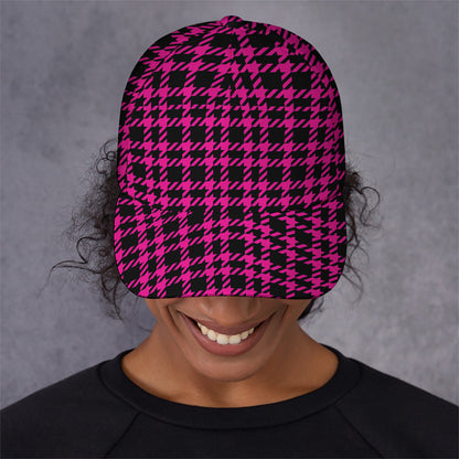 Hot Pink And Black Houndstooth Print Baseball Cap