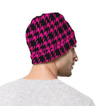 Hot Pink And Black Houndstooth Print Beanie