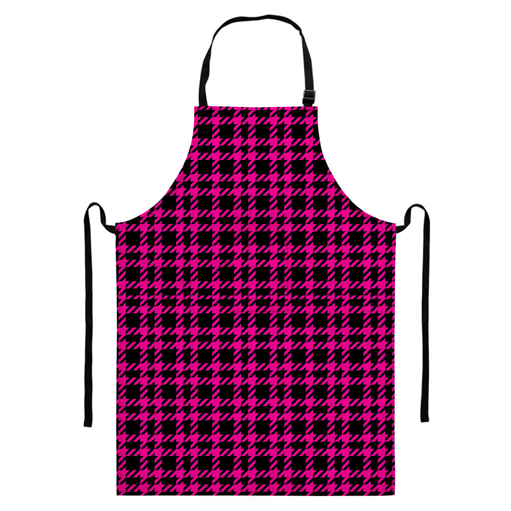 Hot Pink And Black Houndstooth Print Bib Apron With Pocket