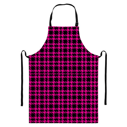 Hot Pink And Black Houndstooth Print Bib Apron With Pocket