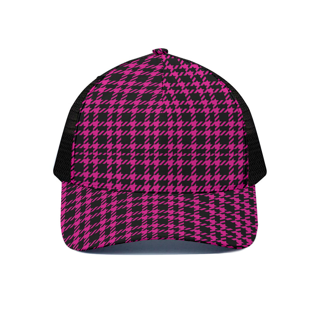 Hot Pink And Black Houndstooth Print Black Mesh Trucker Cap