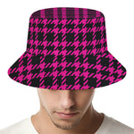 Hot Pink And Black Houndstooth Print Bucket Hat