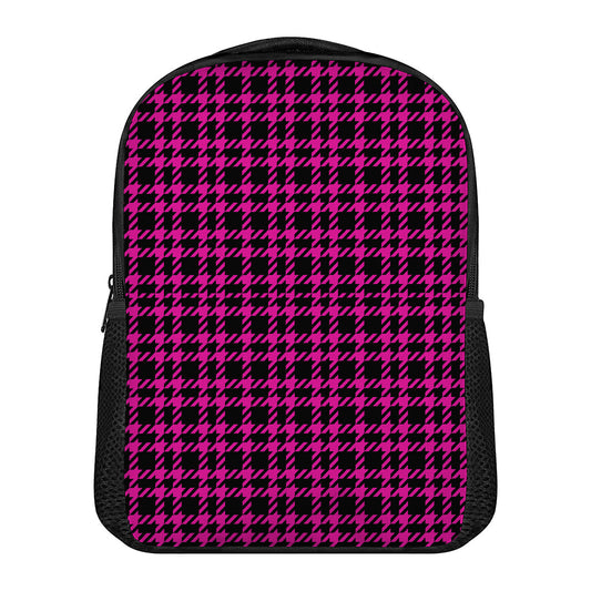 Hot Pink And Black Houndstooth Print Casual Backpack