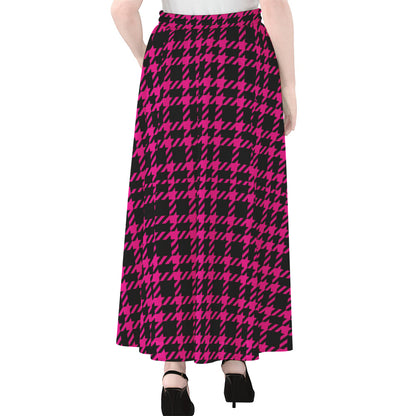 Hot Pink And Black Houndstooth Print Chiffon Maxi Skirt