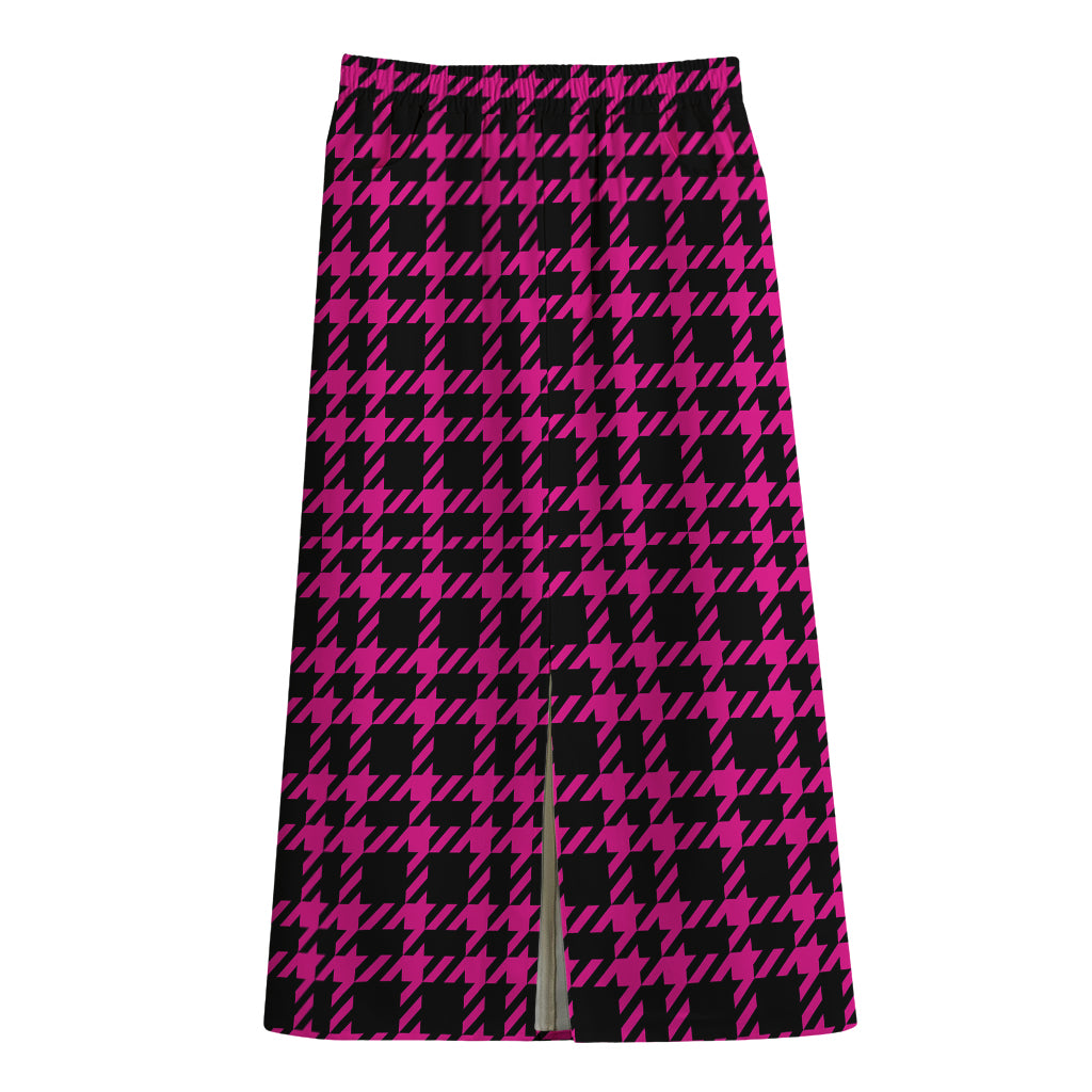 Hot Pink And Black Houndstooth Print Cotton Front Slit Maxi Skirt