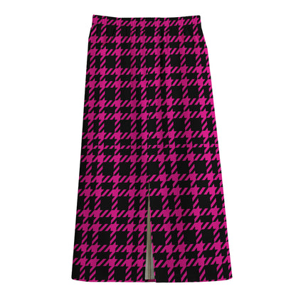 Hot Pink And Black Houndstooth Print Cotton Front Slit Maxi Skirt