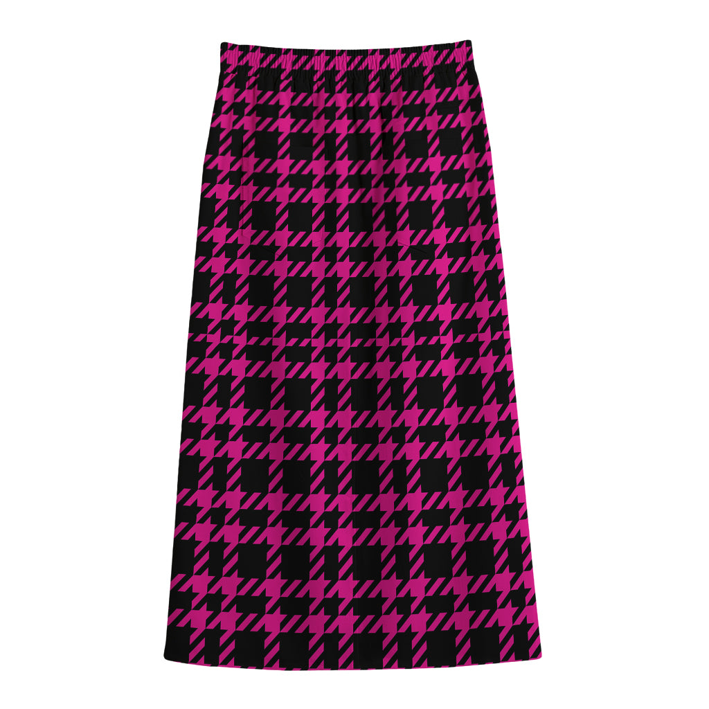 Hot Pink And Black Houndstooth Print Cotton Front Slit Maxi Skirt