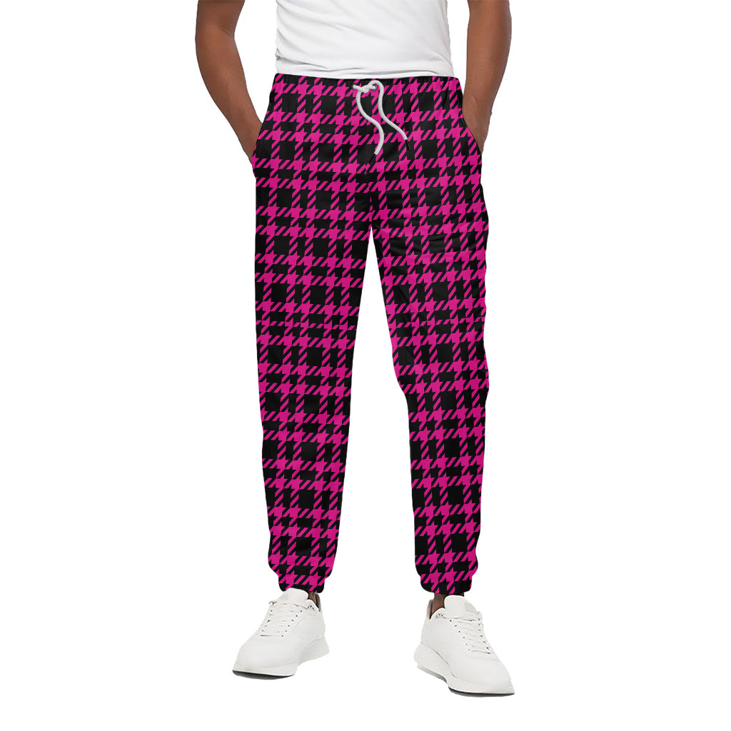 Hot Pink And Black Houndstooth Print Cotton Pants