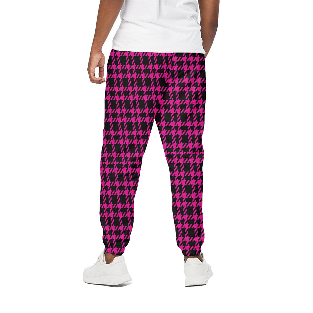 Hot Pink And Black Houndstooth Print Cotton Pants