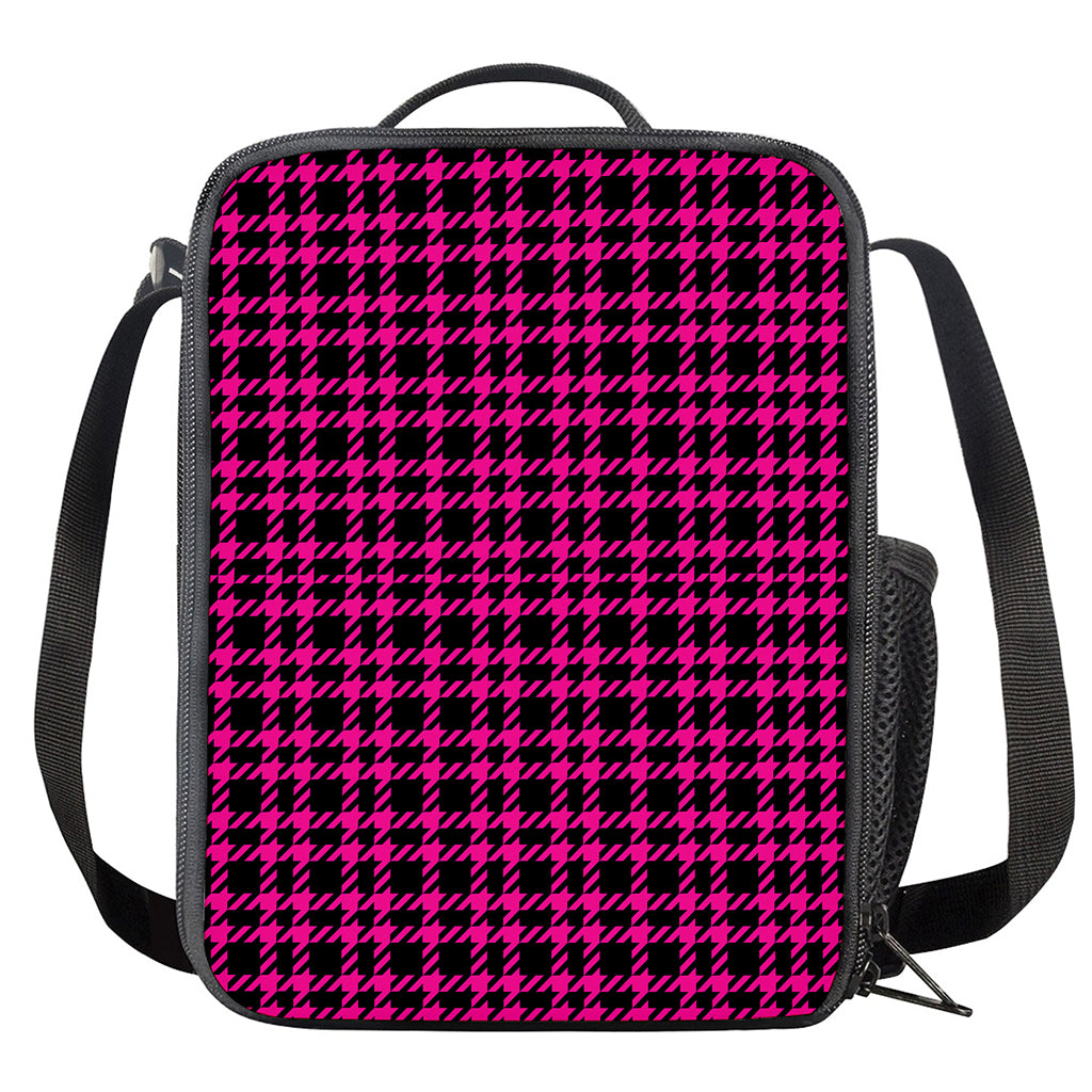 Hot Pink And Black Houndstooth Print Crossbody Lunch Bag