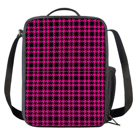 Hot Pink And Black Houndstooth Print Crossbody Lunch Bag