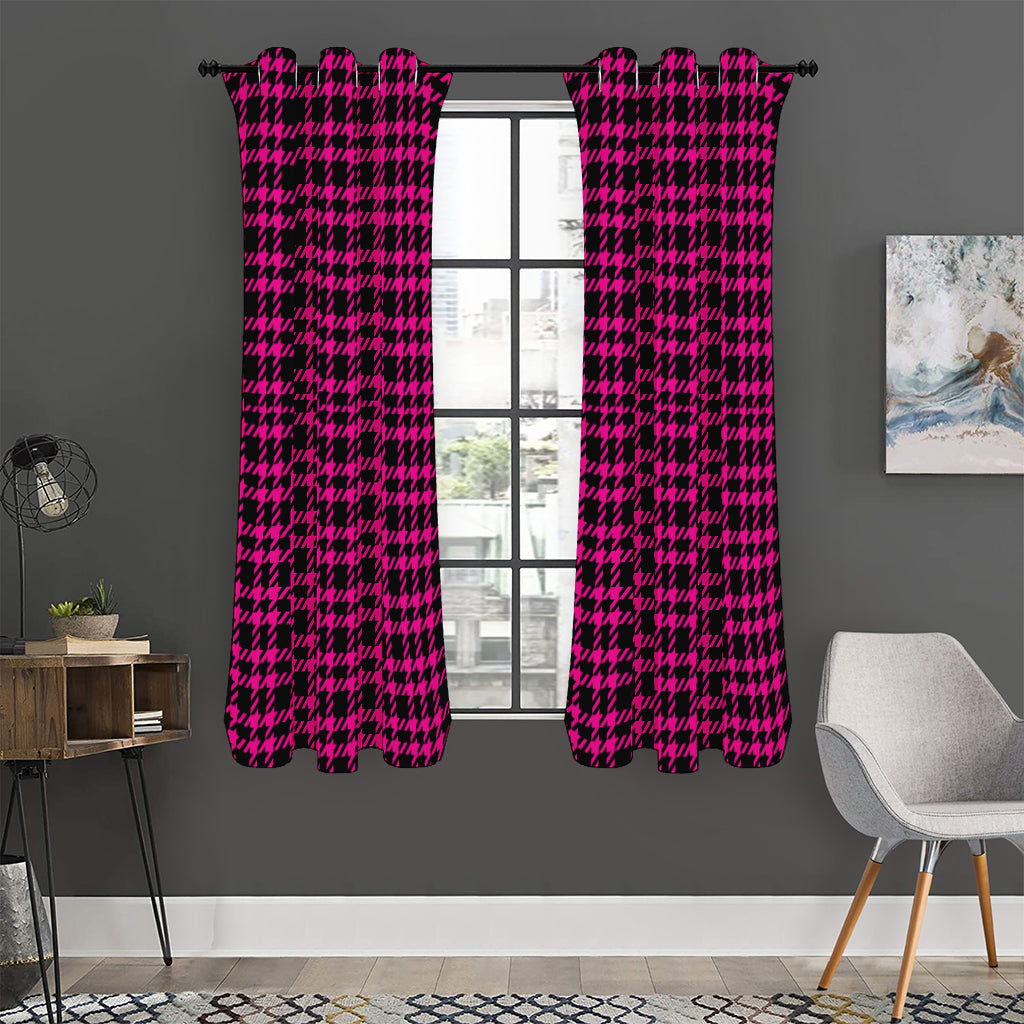 Hot Pink And Black Houndstooth Print Curtain
