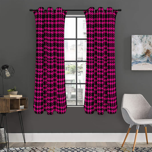 Hot Pink And Black Houndstooth Print Curtain
