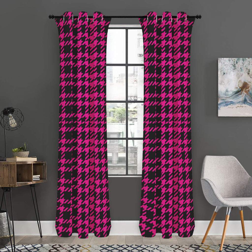 Hot Pink And Black Houndstooth Print Curtain