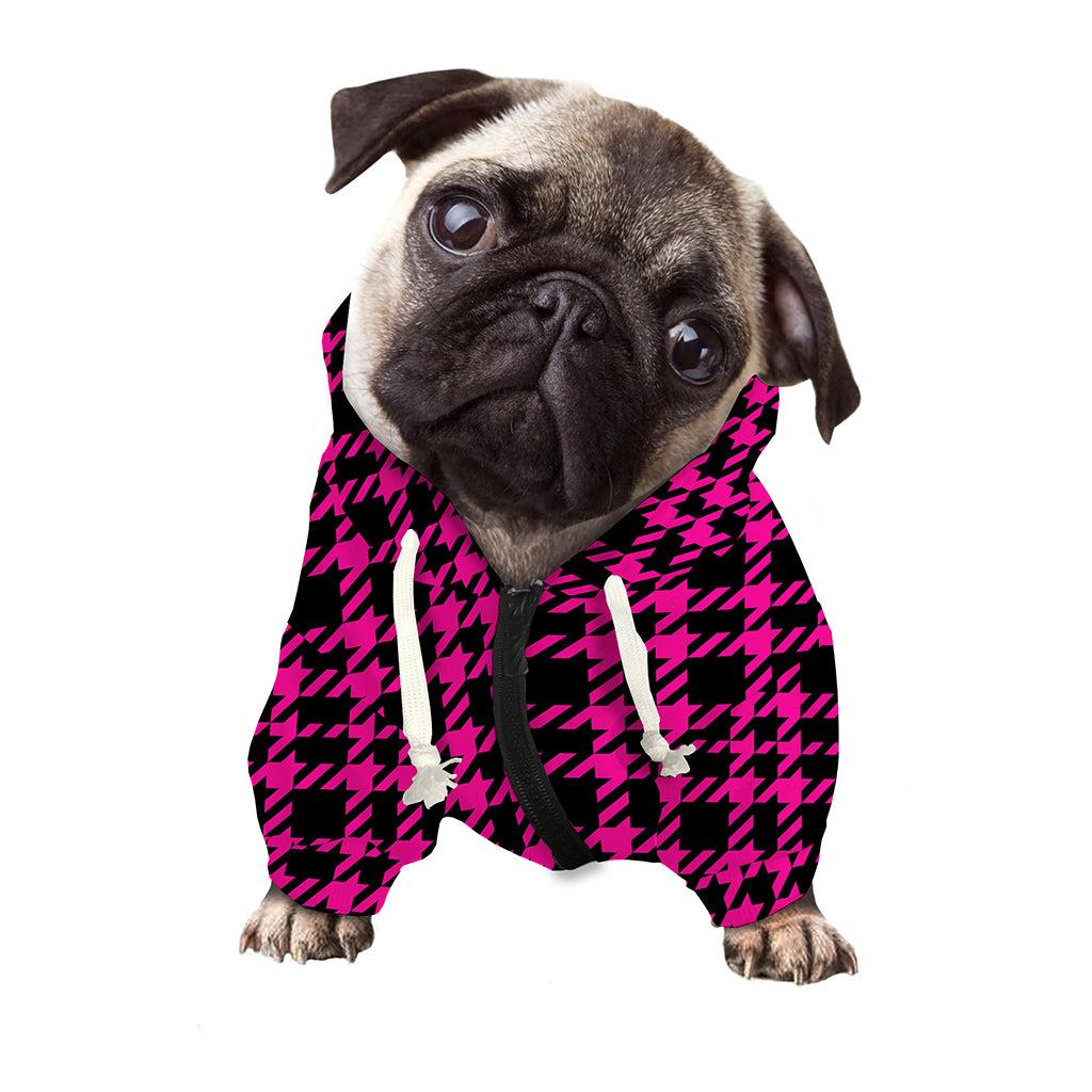 Hot Pink And Black Houndstooth Print Dog Zip Up Hoodie