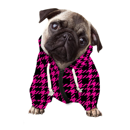 Hot Pink And Black Houndstooth Print Dog Zip Up Hoodie