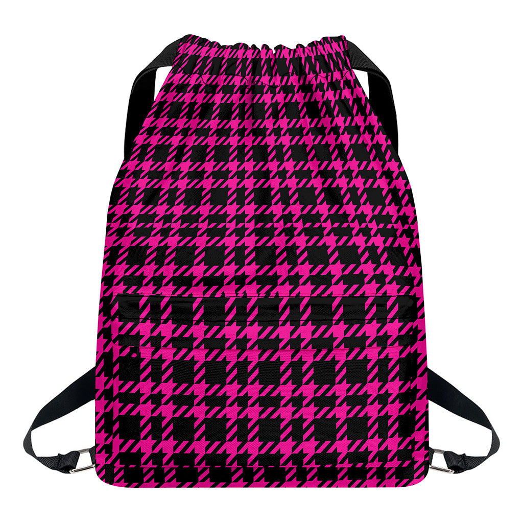 Hot Pink And Black Houndstooth Print Drawstring Backpack