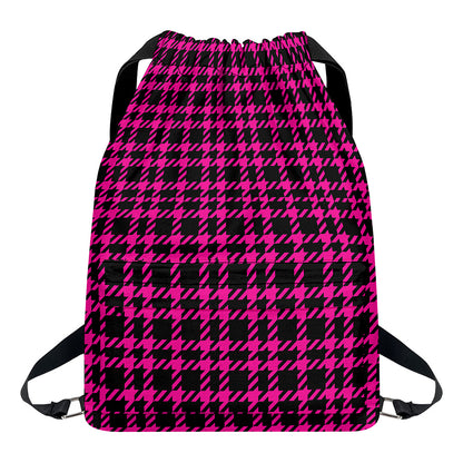 Hot Pink And Black Houndstooth Print Drawstring Backpack