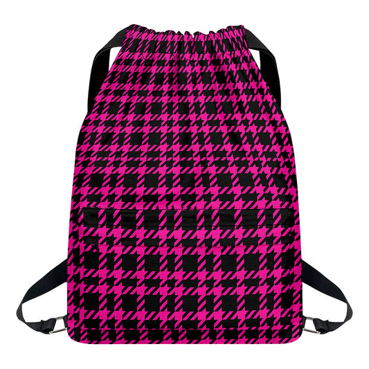 Hot Pink And Black Houndstooth Print Drawstring Backpack