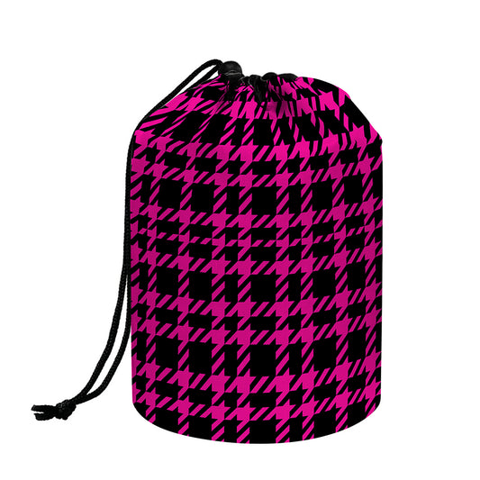 Hot Pink And Black Houndstooth Print Drawstring Makeup Bag