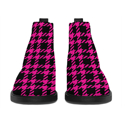 Hot Pink And Black Houndstooth Print Flat Ankle Boots